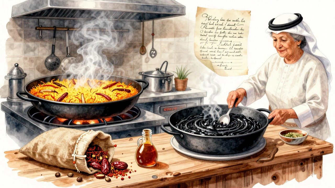 Kitchen scene with Spanish and Emirati ingredients blending on a wooden counter, spices scattered, and a recipe floating above.