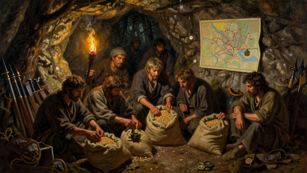 Outlaws distribute stolen grain to hungry peasants in a dim forest cave lit by torchlight.