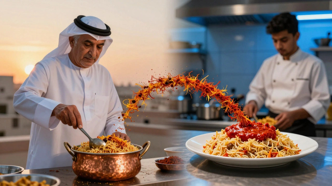 Split image showing elder cooking harees and young chef plating machboos with romesco, spices connecting the two generations.